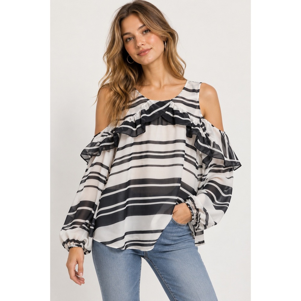 Y2K Guess Womens Top Medium Black White Striped Ruffle Cold Shoulder Coquette